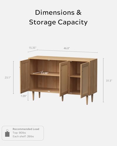 Rattan Storage Cabinet with 3 Doors, Boho Sideboard Buffet Cabinet Wooden Farmhouse Credenza Cabinet with Adjustable Shelves for Living Room Kitchen Entryway Hallway, Natural Oak