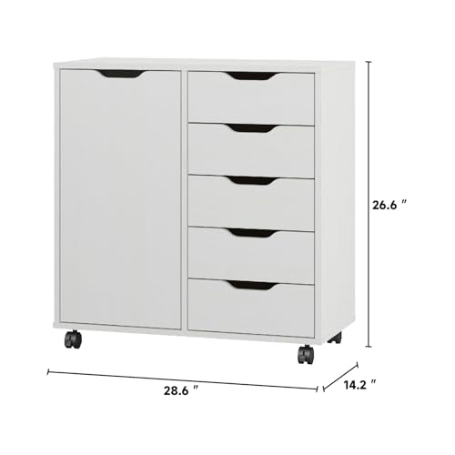 5-Drawer Chest with 1 Door, Wooden Chest of Drawers Storage Dresser Cabinet with Wheels, Office Organization and Storage, Bedroom Furniture (White-S)