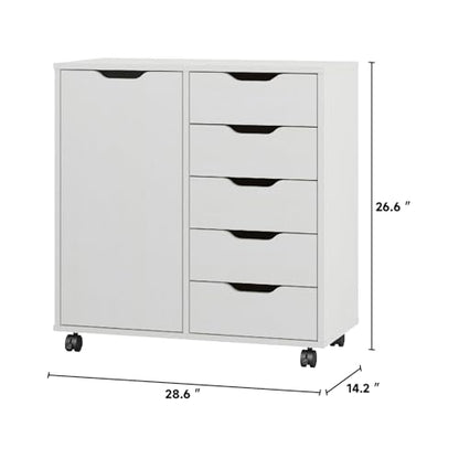 5-Drawer Chest with 1 Door, Wooden Chest of Drawers Storage Dresser Cabinet with Wheels, Office Organization and Storage, Bedroom Furniture (White-S)