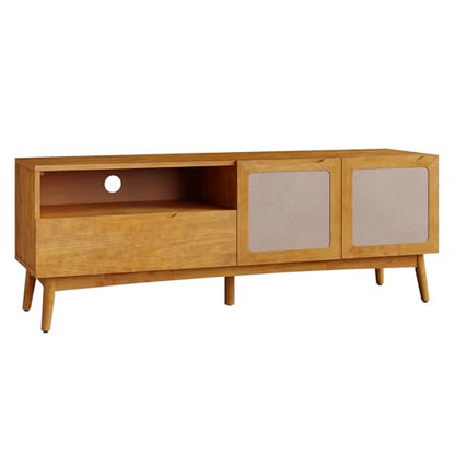 Calista TV Stand 1 Drawer 2 Door – Teak Brown Finish Media Console with Open Shelf & Fabric Panel Doors, Mid-Century Modern Style with Tapered Legs, Easy Assembly