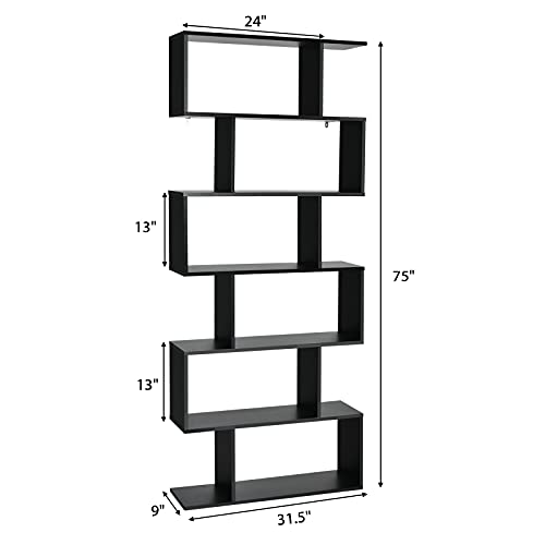 6 Tier S Shaped Bookshelf, 31.5''L x 9''W x 75''H, Wooden Bookcase and Bookshelves w/Anti-Toppling Device, Room Divider Display Shelves for Living Room, Home Decor, 6 Shelf Bookshelf