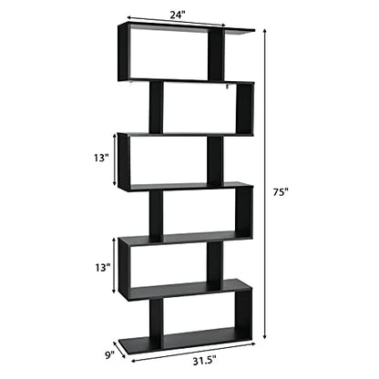 6 Tier S Shaped Bookshelf, 31.5''L x 9''W x 75''H, Wooden Bookcase and Bookshelves w/Anti-Toppling Device, Room Divider Display Shelves for Living Room, Home Decor, 6 Shelf Bookshelf