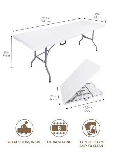 8 Foot Folding Table Portable, 8FT Folding Dining Table for Indoor Outdoor, Heavy Duty Fold-in-Half Plastic Long Large Rectangular Utility Card Tables for Picnic Camping Party, 95x29 inch