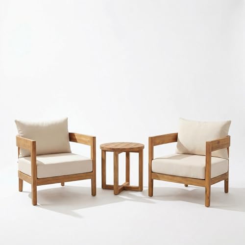 Maze 3-Piece Acacia Wood Patio Furniture Set, Outdoor Conversation Club Chair Set with Coffee Table, Patio Chat Set for Backyard Balcony, Teak+Beige