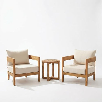 Maze 3-Piece Acacia Wood Patio Furniture Set, Outdoor Conversation Club Chair Set with Coffee Table, Patio Chat Set for Backyard Balcony, Teak+Beige