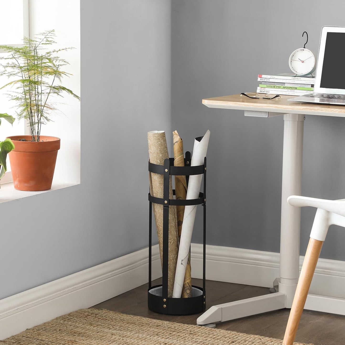 Umbrella Stand, Steel round Umbrella Holder Rack, 7.7 X 7.7 X 21.7 Inches, with Detachable Drip Tray, for Entryway, Office, Stable, Assembly Required, Matte Black ULUC28BK