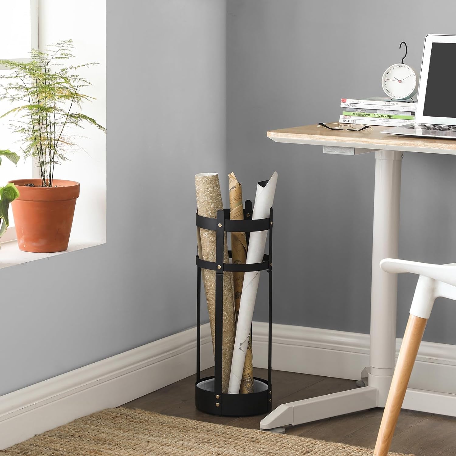 Umbrella Stand, Steel round Umbrella Holder Rack, 7.7 X 7.7 X 21.7 Inches, with Detachable Drip Tray, for Entryway, Office, Stable, Assembly Required, Matte Black ULUC28BK