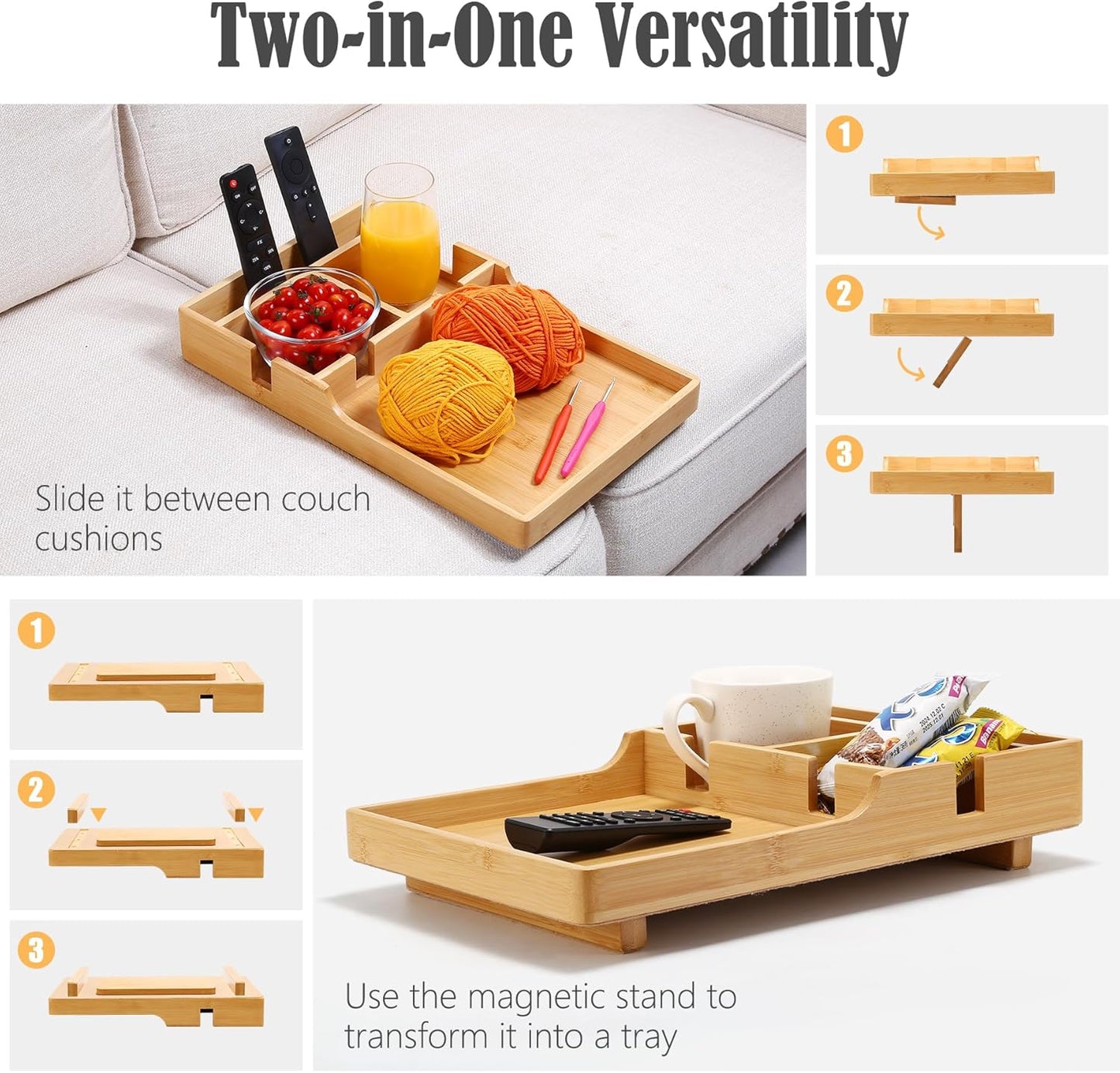Couch Tray, 2-In-1 Insert & Flat Sofa Organizer Bamboo with 2 Cup Holders,Fits Seat Gaps or Ottomans,For Snacks, Drinks, Remotes,15.35X9.84-Inch