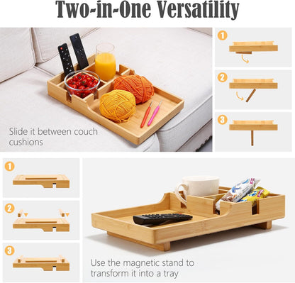 Couch Tray, 2-In-1 Insert & Flat Sofa Organizer Bamboo with 2 Cup Holders,Fits Seat Gaps or Ottomans,For Snacks, Drinks, Remotes,15.35X9.84-Inch
