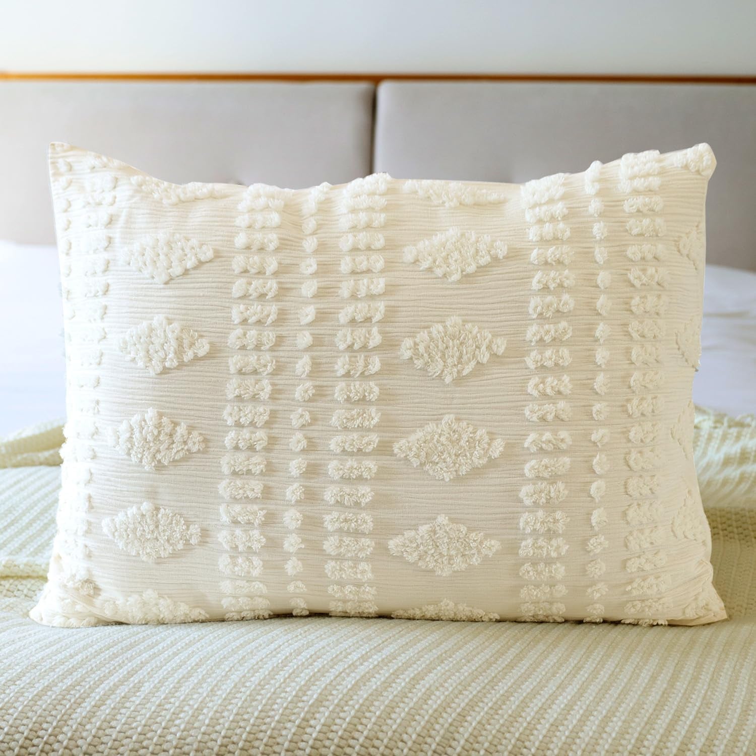 Tufted Pillow Shams King Ivory Set of 2 Boho Pillowcases Shabby Chic Decorative Textured Poms Cream Diamonds Moroccan Embroidery Farmhouse 20X36