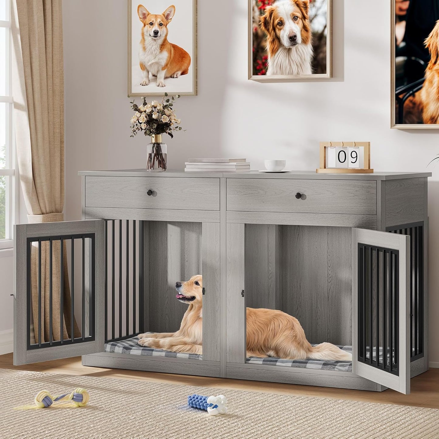 60" Wooden Dog Crate Furniture with Removable Divider & Storage Drawers, Double Door Kennel with Locks for Medium and Large Dogs, Multi-Functional Dog Crate End Table for Indoor Use, Grey