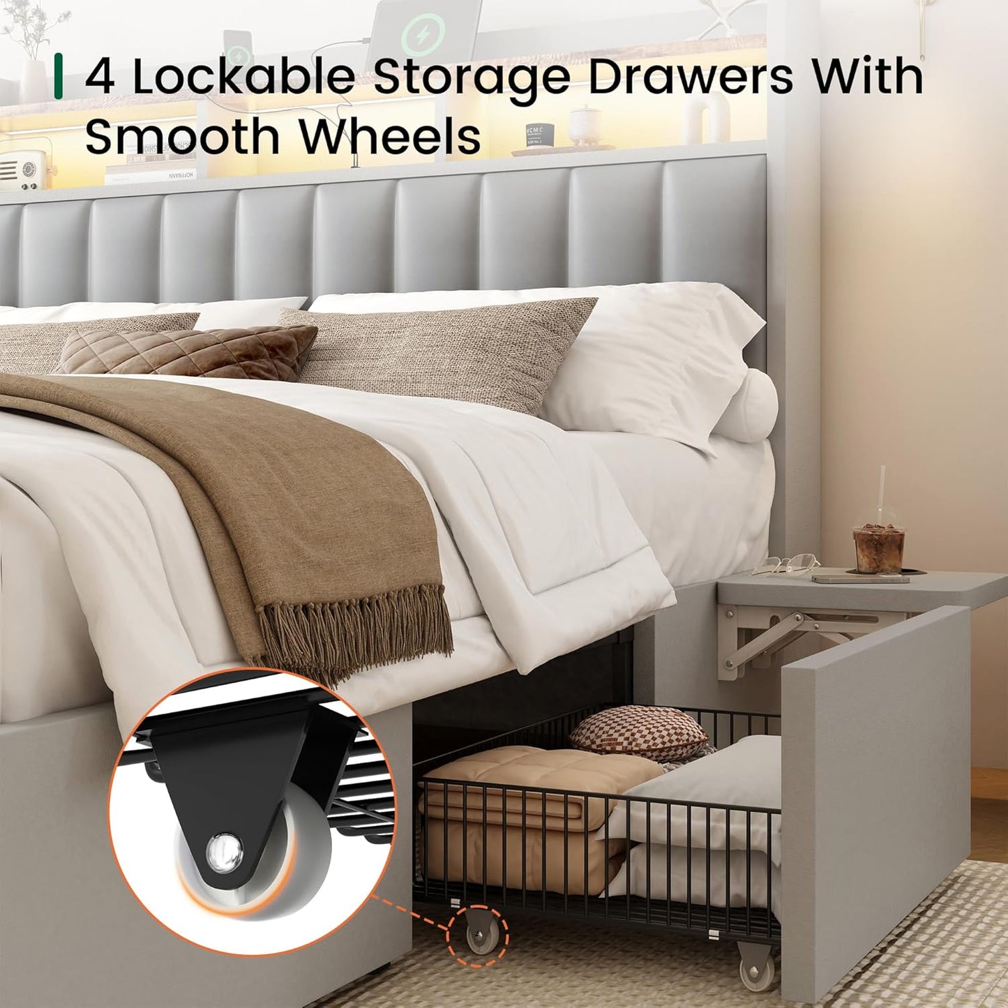 Queen Bed Frame with Headboard,4 Storage Drawers,And Built-In Adjustable Desk,Charging Station,Easy Assembly,No Box Spring Needed,Light Grey