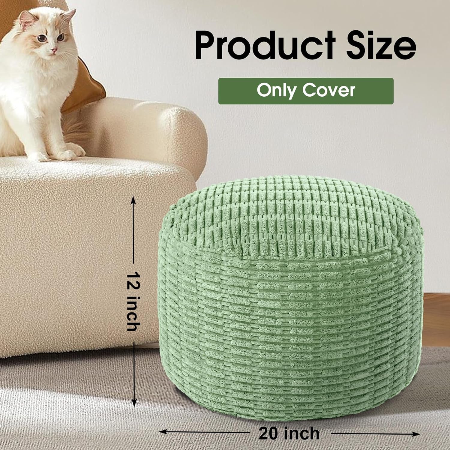 Unstuffed Ottoman Pouf Cover,Round Faux Fur Foot Stool, Fuzzy Chair, Floor Bean Bag(No Filler),Foot Rest with Storage for Living Room, Bedroom, Office, Striped Tufted (Sage Green)