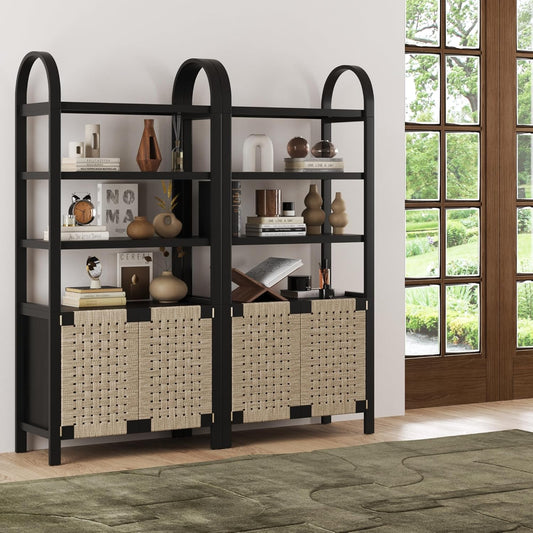 Aerie Boho Solid Wood Bookshelf, Arched Bookcase Cabinet with Natural Woven Seagrass Doors, Black/Seagrass Set of 2