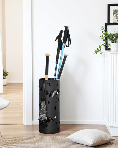 Umbrella Stand, Metal Umbrella Holder for Entryway, with Water Tray and 4 Hooks, 7.7 X 7.7 X 19.3 Inches, Round, Ink Black ULUC23B