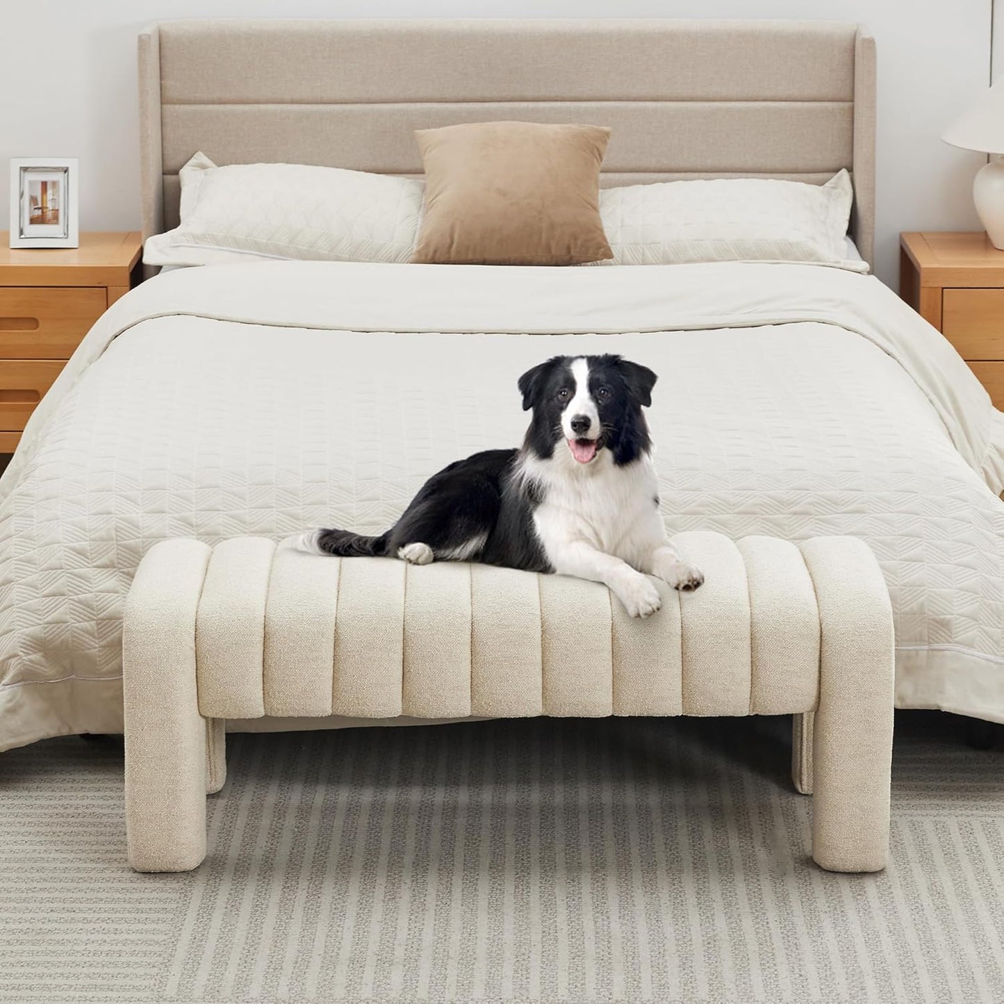 43’’ End of Bed Bench, Modern Linen Entryway Bench, Upholstered Ottoman Stool with Full Coverage Fabrics, Ottoman for Bedroom, Living Room, Dining Room, Beige