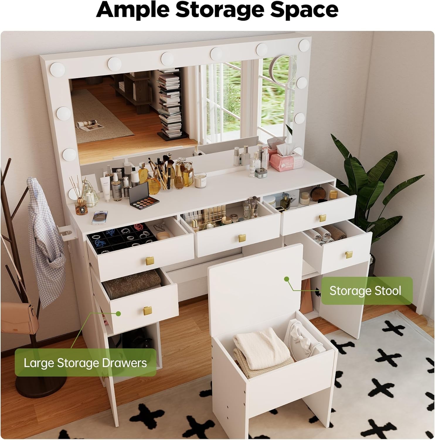 Makeup Vanity Desk with Lights, 41”Large Mirror, 12 Adjustable 3 Color LED Bulbs, 5 Drawers, Charging Outlet, Hairdryer Holder, Suitable for Girls' Makeup Vanity,White