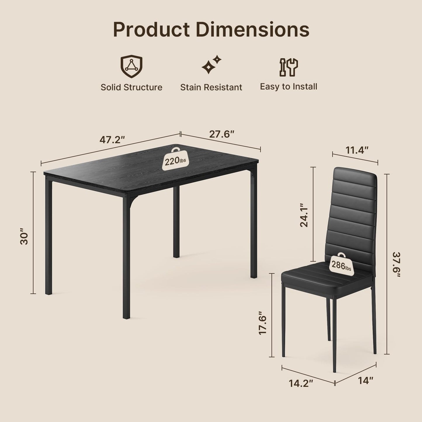 Dining Table Set for 4, Kitchen Table Chairs Set of 4, 5 Piece Kitchen Table Set with 4 Upholstered PU Leather Chairs for Dining Room, Living Room, Apartment, Small Space, Black
