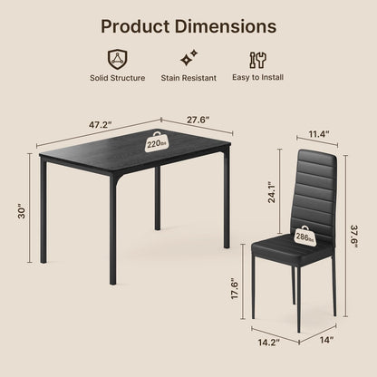Dining Table Set for 4, Kitchen Table Chairs Set of 4, 5 Piece Kitchen Table Set with 4 Upholstered PU Leather Chairs for Dining Room, Living Room, Apartment, Small Space, Black