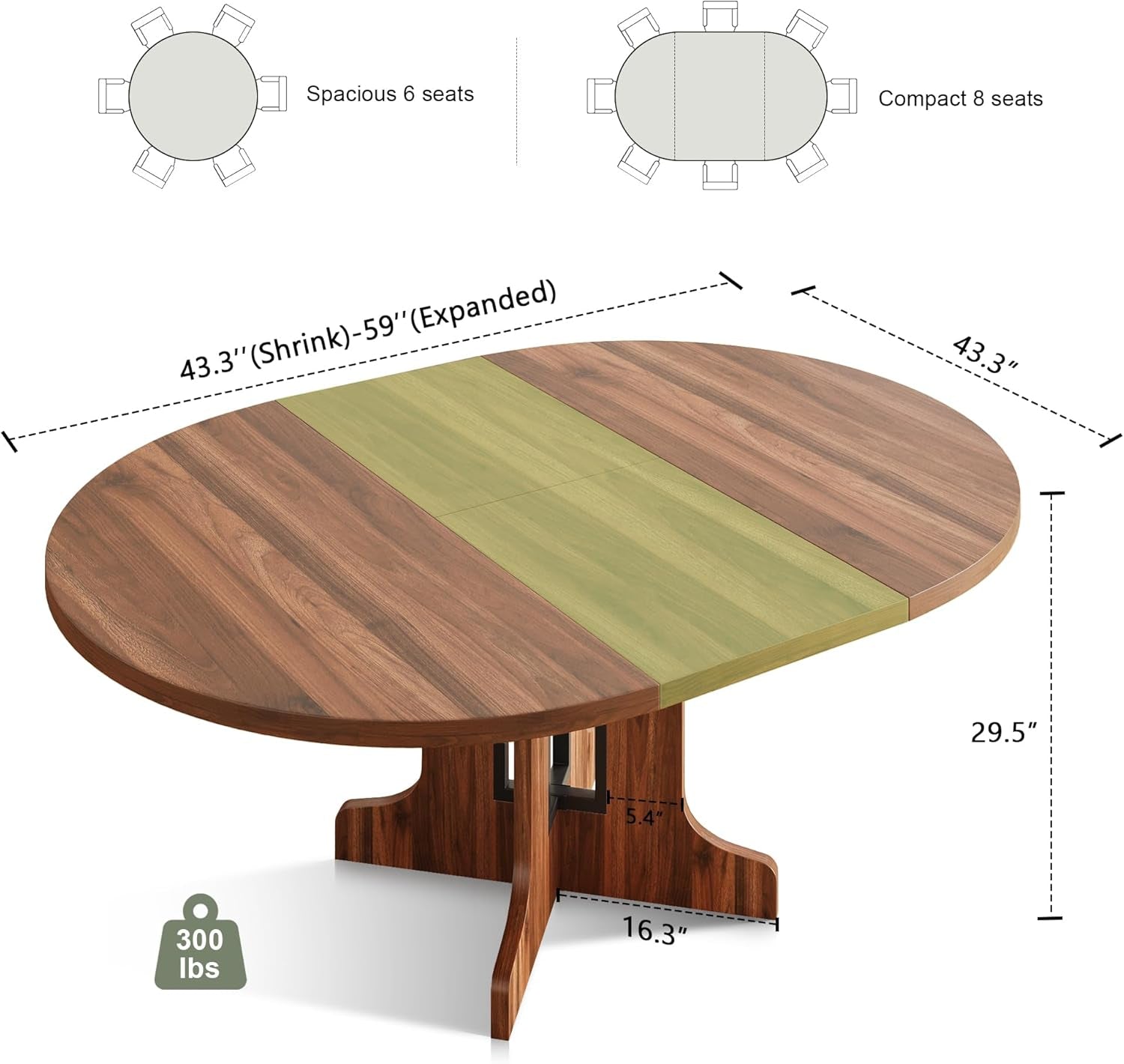 59" round Extendable Dining Room Table for 4-6, Modern Oval Kitchen Table with Heavy Duty Wood Base, Metal Frame Support, for Kitchen Dining Living Room, Easy Assembly, Walnut