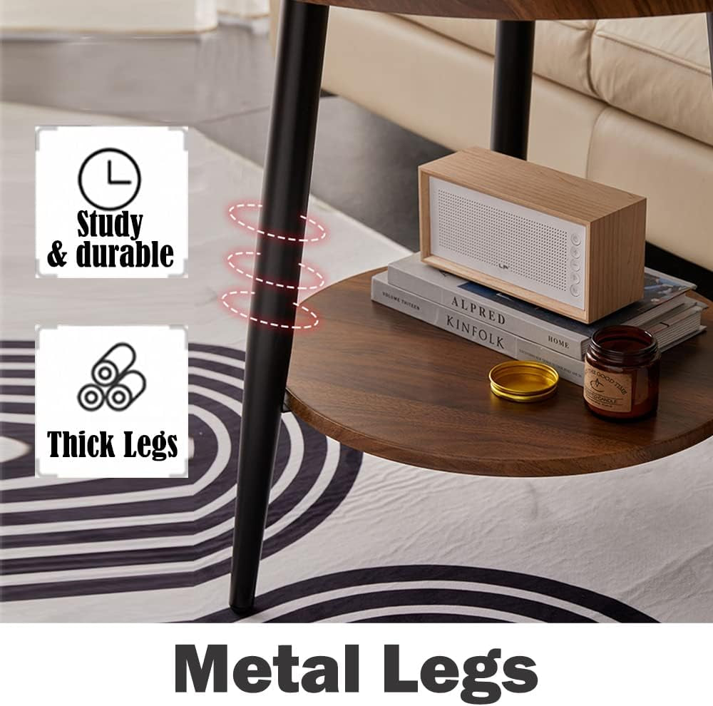 Small round Side Table, 2-Tier Mid Century Modern Side Table, round End Table Small End Table for Living Room, Metal Frames, Brown