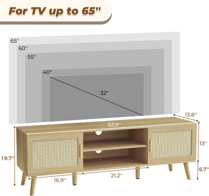 Boho TV Stand for 65 Inch TV, Entertainment Center with Adjustable Shelf, Rattan TV Console with 2 Cabinets, Media Console, Solid Wood Feet, 4 Cord Holes, for Living Room - Natural, 8782T