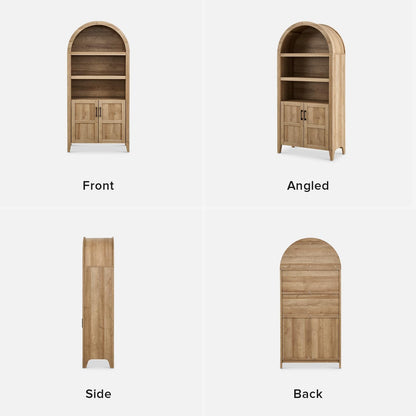 Lauren 65.4" Short Arched Cabinet, the Original 5-Tier Bookcase with Doors and Shelves, Mini Arch Bookshelf with Storage, Wooden Storage Cabinet for Living Room and Kitchen Pantry (Oak)