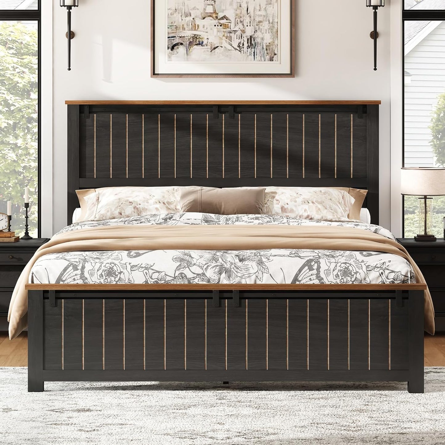 Farmhouse Queen Size Bed Frame with Sliding Barn Door, Wooden Rustic Platform Bed Frame with 47" Tall Headboard, Noise-Free, Solid Wood Slats & Metal Support, No Box Spring Needed, Dark Grey