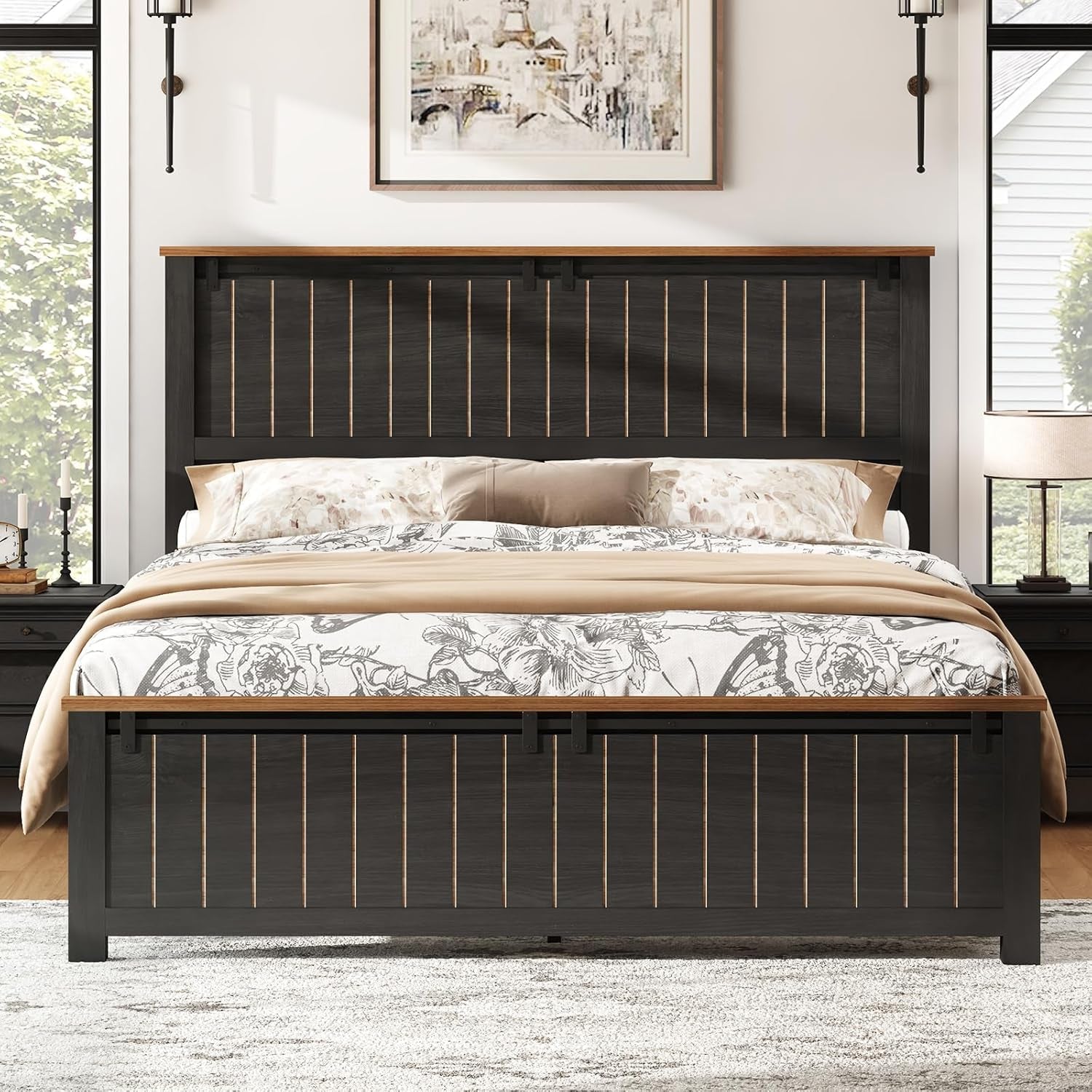 Farmhouse Queen Size Bed Frame with Sliding Barn Door, Wooden Rustic Platform Bed Frame with 47" Tall Headboard, Noise-Free, Solid Wood Slats & Metal Support, No Box Spring Needed, Dark Grey