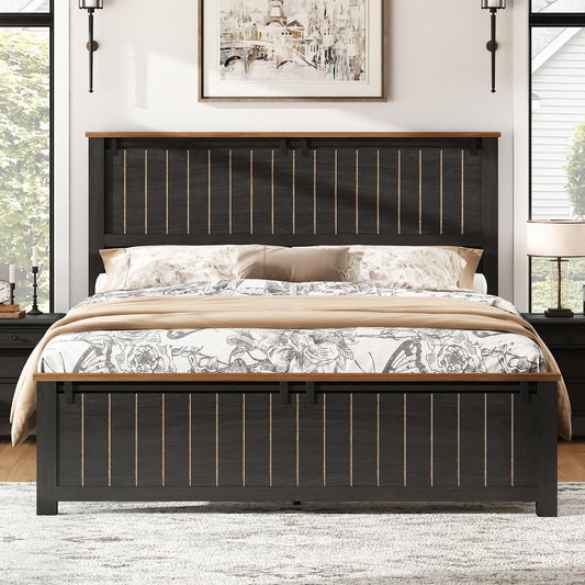 Farmhouse Queen Size Bed Frame with Sliding Barn Door, Wooden Rustic Platform Bed Frame with 47" Tall Headboard, Noise-Free, Solid Wood Slats & Metal Support, No Box Spring Needed, Dark Grey