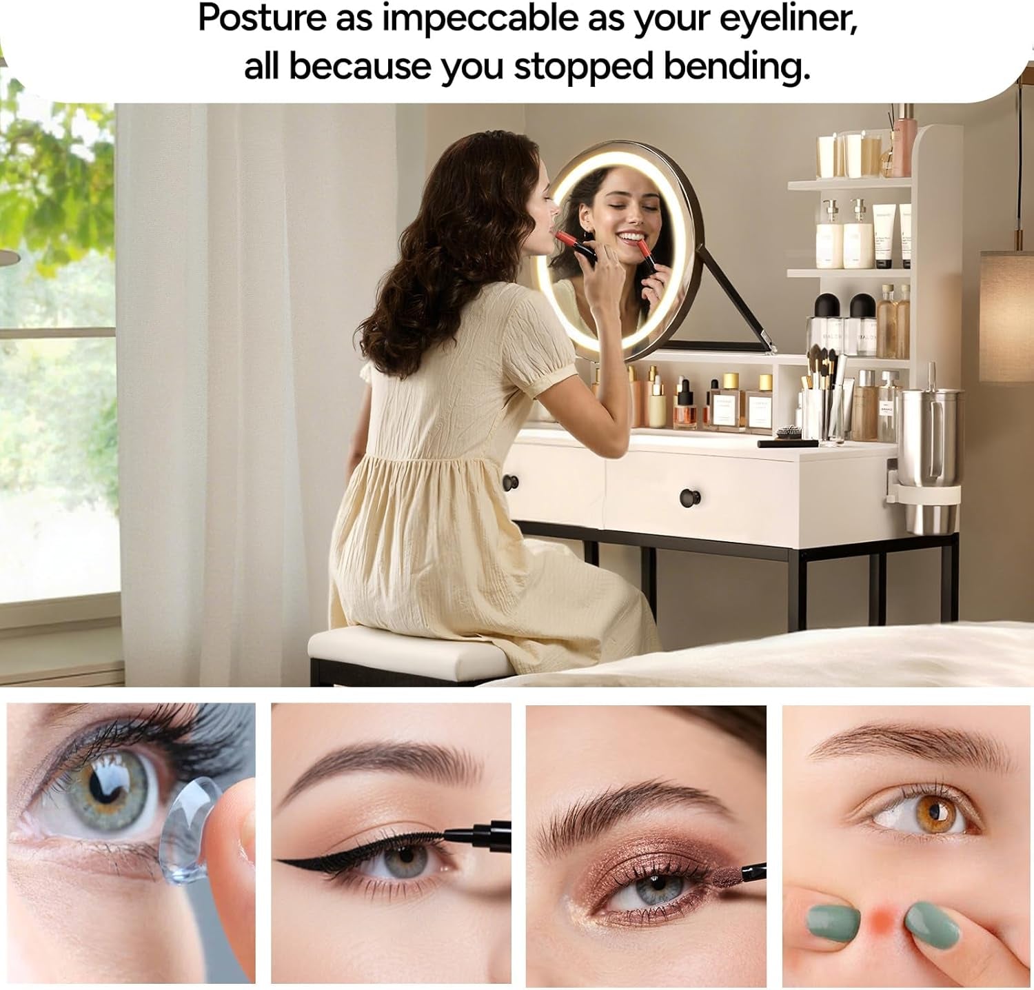 Small  Desk with Mirror for Bedroom: Compact Makeup Table Set with Lights - 31.5 Inch White Dresser Vanities with Chair for Girls