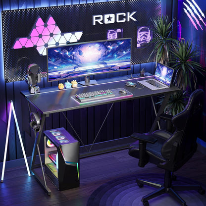 Gaming Desk with Power Outlets & LED 40 Inch Ergonomic Computer Carbon Fiber Surface Gamer Desk, PC Workstation with Headphone Hook for Bedroom, Kids Desk Gift for Boys, Black