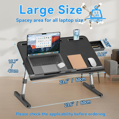 Laptop Stand for Bed, Adjustable Leather Bed Desk with Foldable Legs, X-Large Laptop Bed Table Tray with Drawer for Bed Couch Floor Writing Working Reading Eating Painting (Black, 23.6"×15.7")