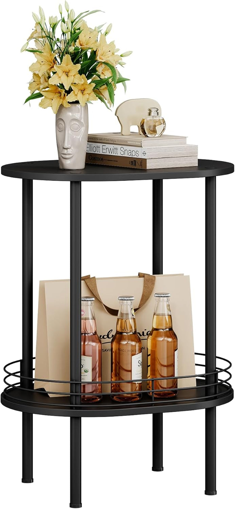 Small round Side Table,Bedside Table with Storage, Morden round Nightstand, Samll Side Table for Living Room，Bathroom，Bedroom, Nursery, Laundry, Black