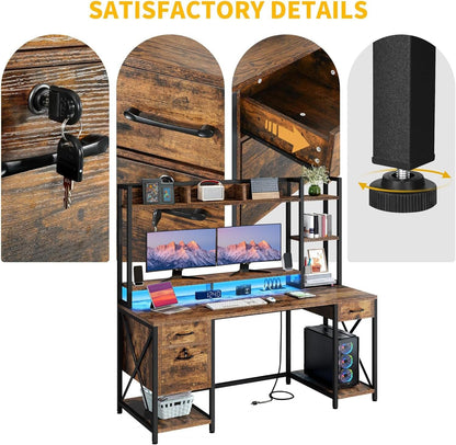 Computer Desk with Drawers & Hutch, 59.1" Office Desk with Power Outlets & LED Lights, Home Office Desk with Storage Shelves, Rustic Brown