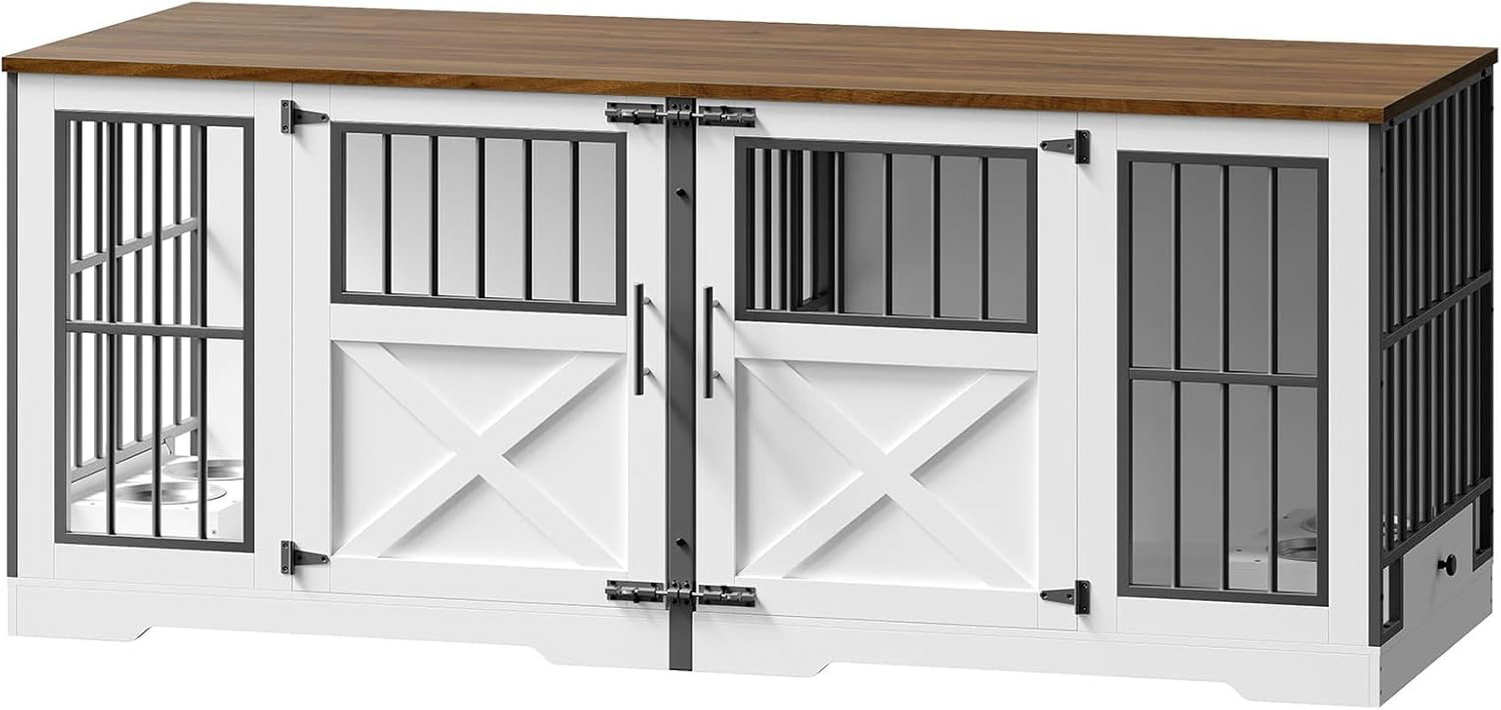 72'' Dog Crate Furniture for 2 Dogs, Extra Large Farmhouse Dog Kennel with Removable Divider, Pull-Out Dog Bowls, Heavy Duty Dog Crate TV Stand, White and Walnut BWH82GW03