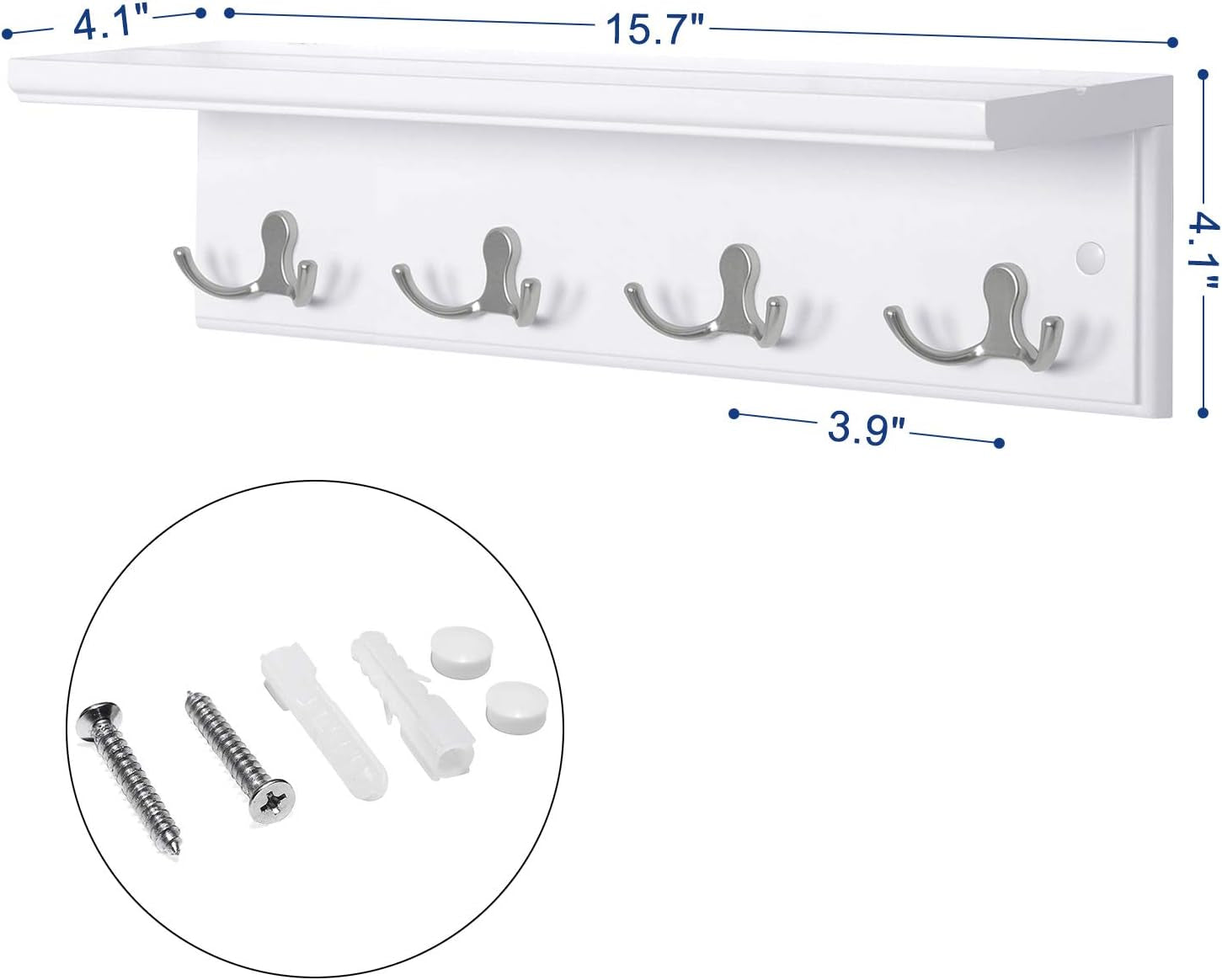 Entryway Hanging Coat Rack, Wall-Mounted Wooden Shelf, with 4 Double Hooks, Wall Floating Shelf, White ULHR42WT