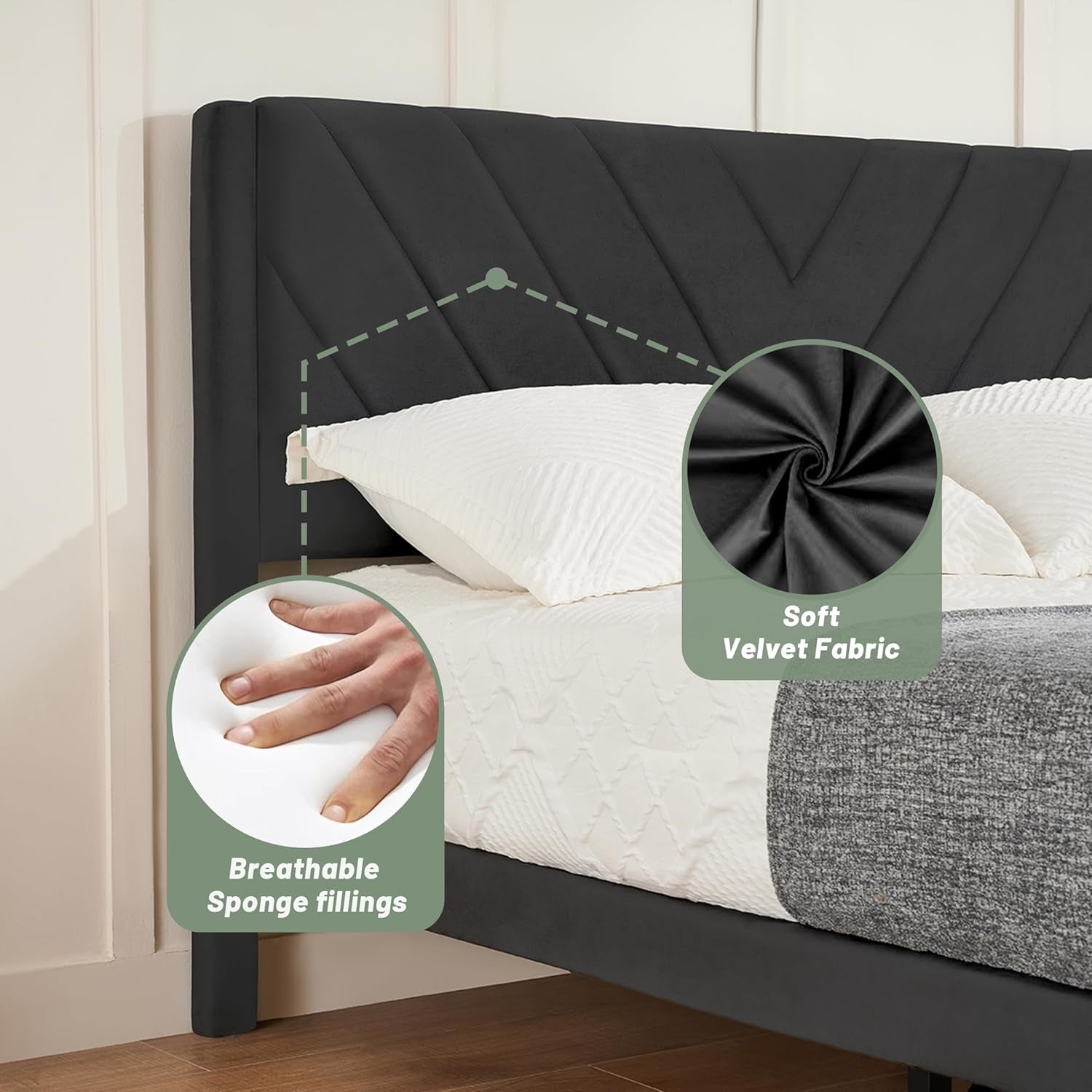 Queen Bed Frame with Headboard, Bed Frame Queen Size with Sturdy Wooden Slats Support, Platform Bed Frame with Velvet Upholstered Headboard, Mattress Foundation, Easy Assembly, No Box Spring Needed