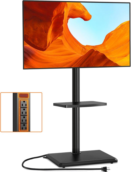 Floor TV Stand with Power Outlet, TV Mount Stand for 32-60 Inch Tvs up to 88 Lbs, Swivel TV Stand Mount with Height Adjustment and Safety Wood Base for Office, Corner, Max VESA 400X400Mm
