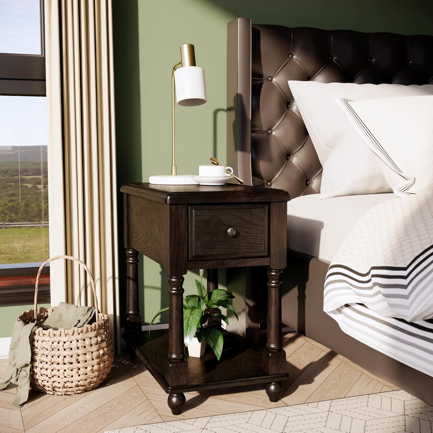 Solid Wood End Table Narrow Side Table with Drawer, Cherry Wood End Table Living Room, 13" W Slim Bedside Table Small Nightstand, 22" D X 22.7" H, No-Tools Assembly, Rustic Black BBJ-004-BK