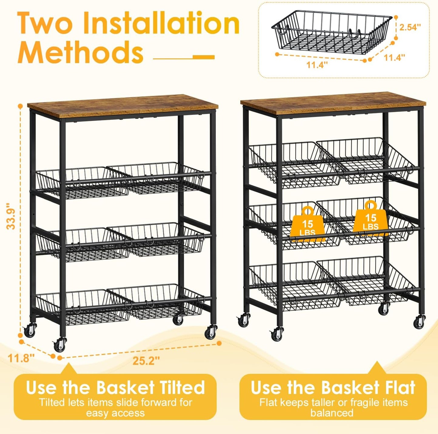4-Tier Rolling Kitchen Storage Cart,Utility Kitchen Pantry Organizers and Storage Cart with Wheels for Snack Fruit and Vegetable,Microwave Stand with Storage Shelf,Has 6 Wire Baskets and Wood Tabletop