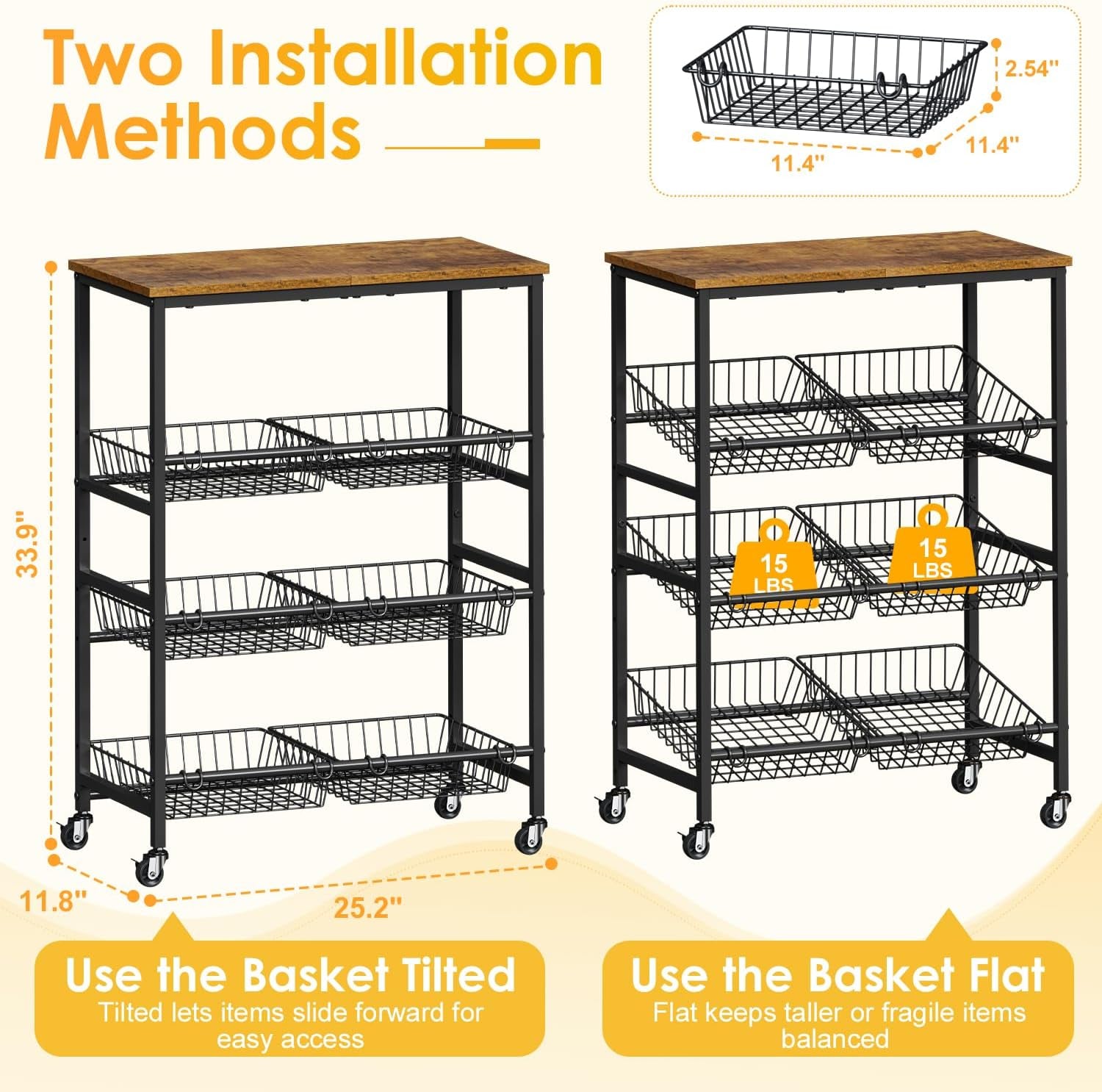 4-Tier Rolling Kitchen Storage Cart,Utility Kitchen Pantry Organizers and Storage Cart with Wheels for Snack Fruit and Vegetable,Microwave Stand with Storage Shelf,Has 6 Wire Baskets and Wood Tabletop