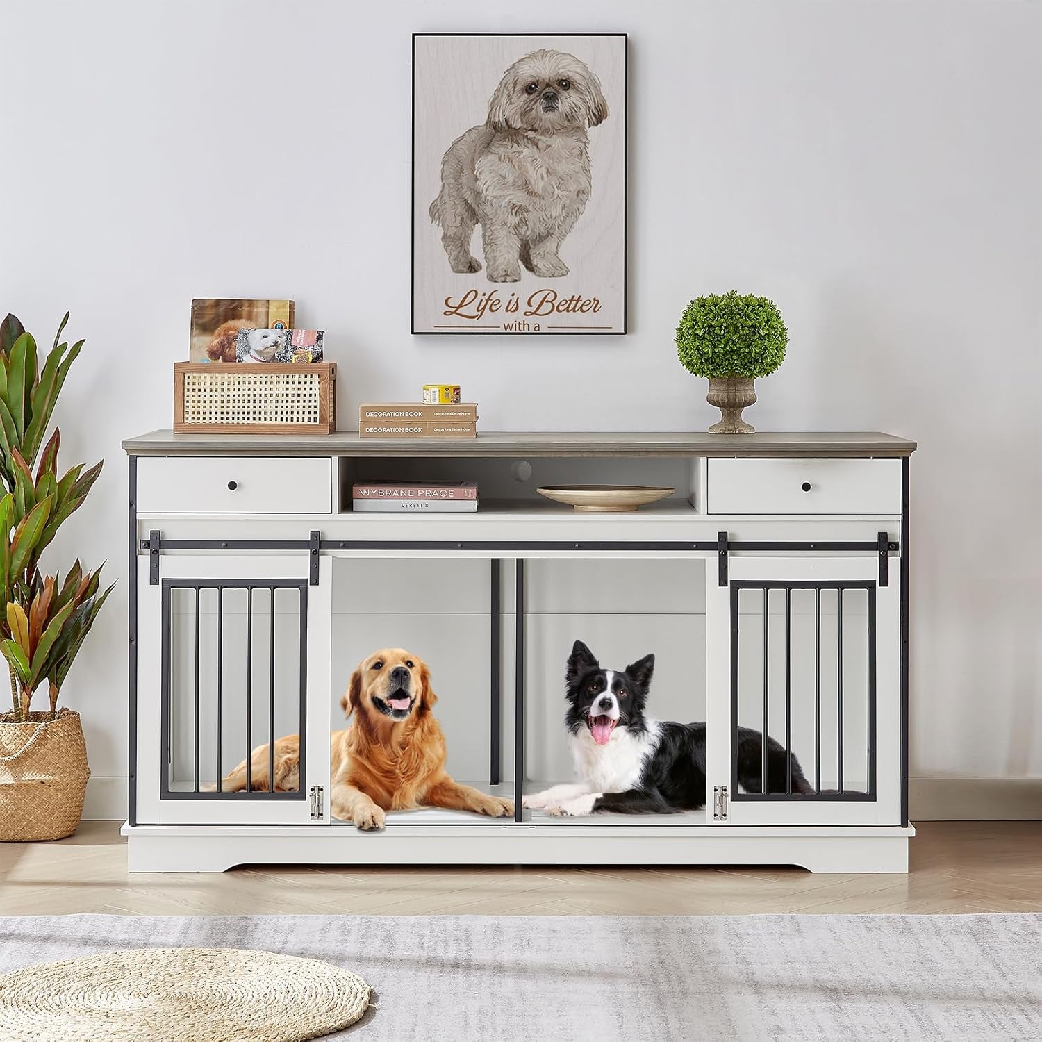 66'' Double Dog Crate Furniture for 2 Dogs, Double Dog Kennel Furniture End Table, Decorative Dog Cage with Removable Divider White