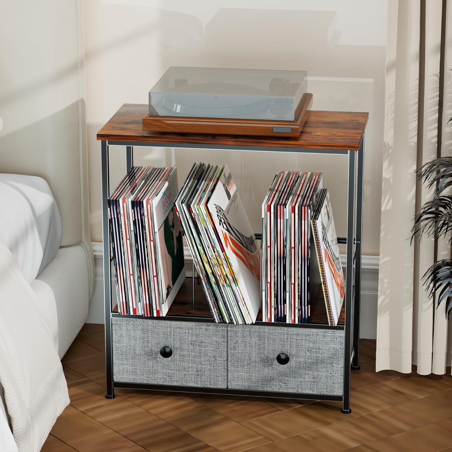 Record Player Stand with Vinyl Storage, 2-Tier Record Shelf Table with Fabric Drawer, Holds up to 110 Vinyl Records, Record Player Table for Turntable and Albums, 23.62"D × 11.81" W× 25.59"H
