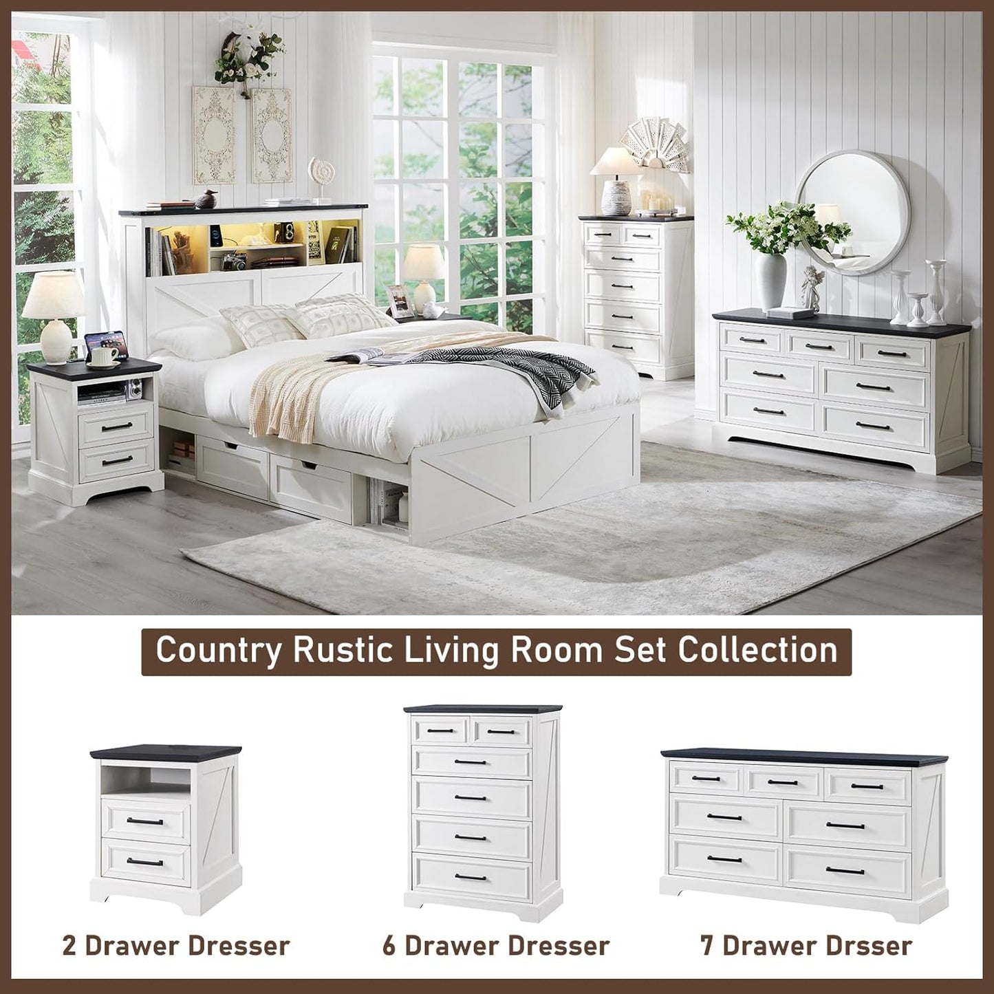 7 Drawer Dresser, Farmhouse Chest of Drawers for Bedroom, 52" Wide Dresser TV Stand with Large Metal Handles, Wood Drawer Organizer for Living Room, Hallway - off White