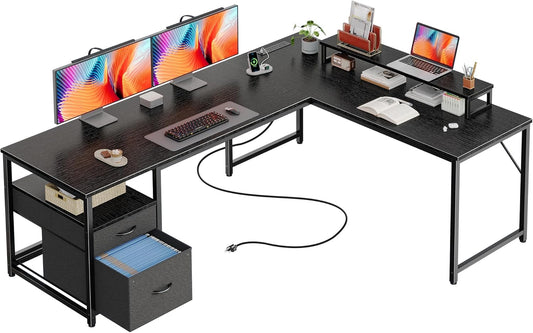 63 Inch L Shaped Desk with Power Outlets and USB-C Port, Computer Corner Home Office Desk with File Fabric Drawers and Movable Monitor Stand, Larger Storage, Gaming, Writing, Work, Black