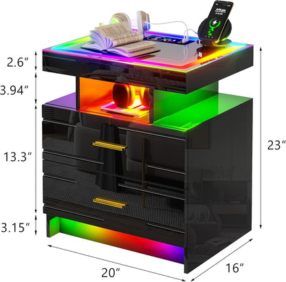 RGB Nightstand with Wireless Charging Station, LED Night Stand with Motion Sensor Lights, Smart Bedside Table with Changing Strip Lights with Remote,High Gloss Side Table/Glass Top (Black)