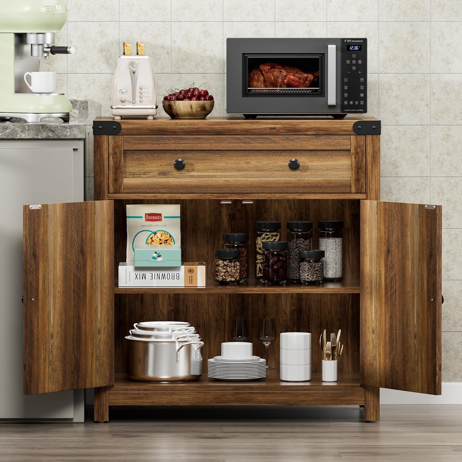 Coffee Bar and Accent Cabinet, Farmhouse Barn Door Buffet Sideboard with Drawer and Adjustable Shelf, Wide Desktop for Kitchen, Dining Room, Bathroom, Entryway, Brown