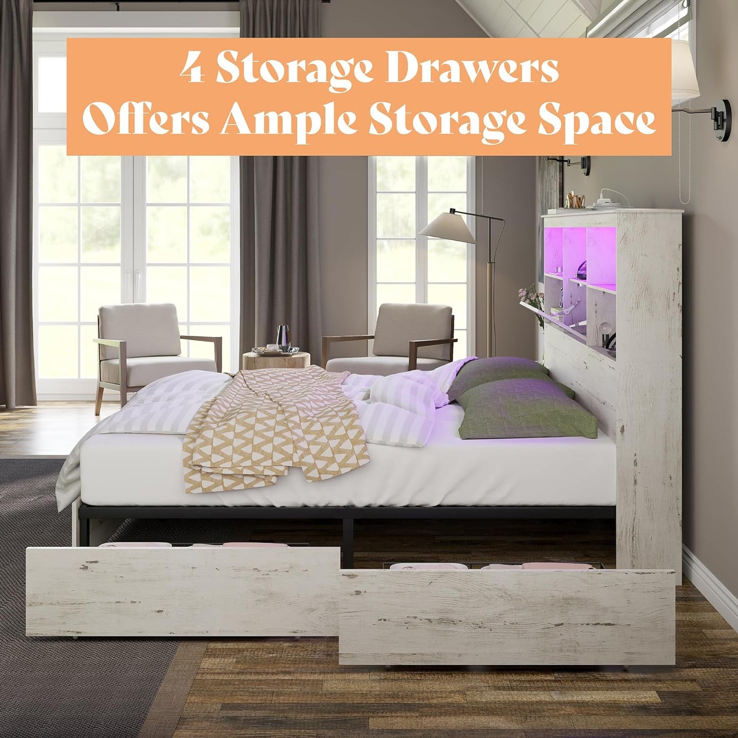 Farmhouse King Size Bed Frame Wooden Platform Bed with 51.2" Storage LED Bookcase Headboard, 4 Storage Drawers & Charging Station/No Box Spring Needed/Noise Free/Distressed White