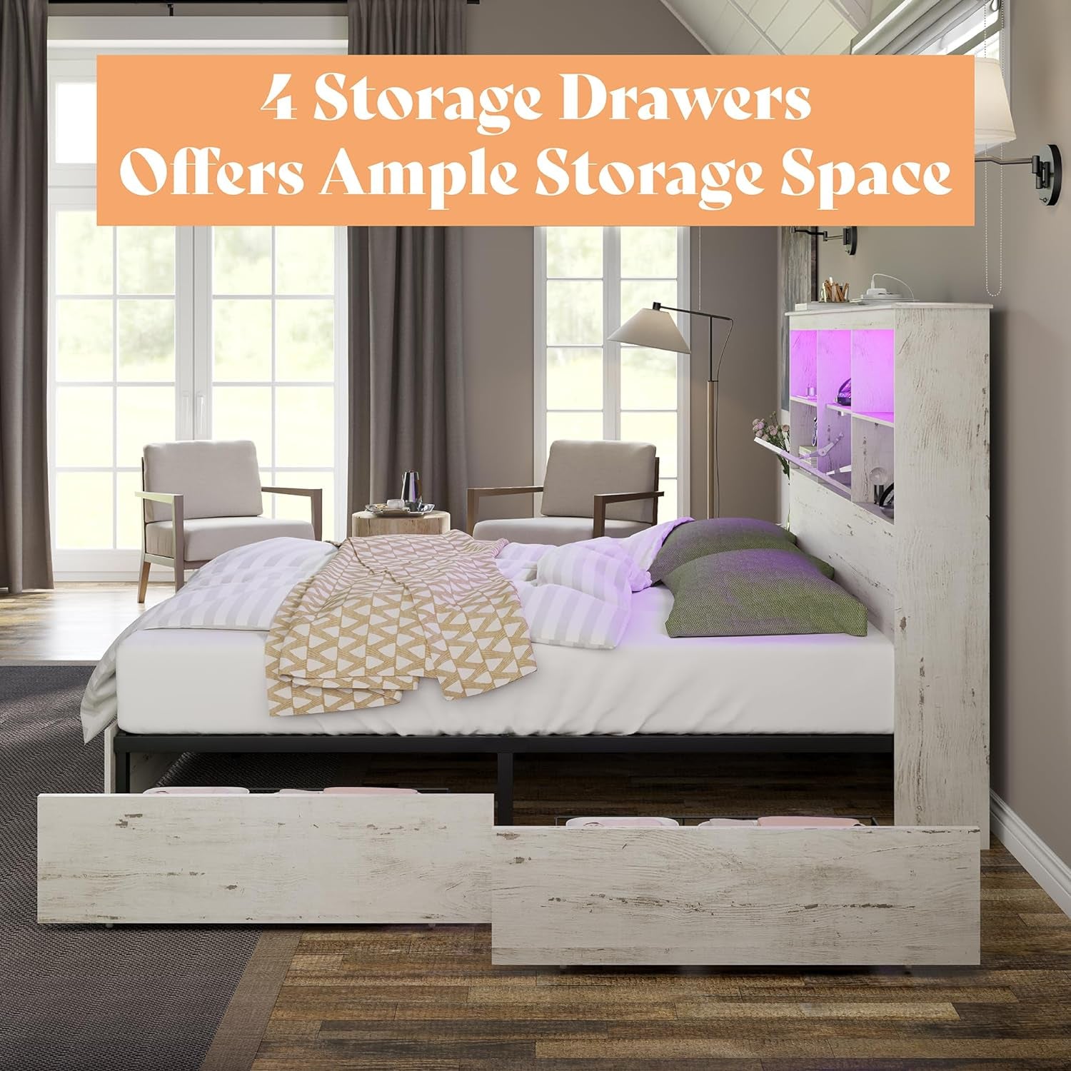 Farmhouse King Size Bed Frame Wooden Platform Bed with 51.2" Storage LED Bookcase Headboard, 4 Storage Drawers & Charging Station/No Box Spring Needed/Noise Free/Distressed White